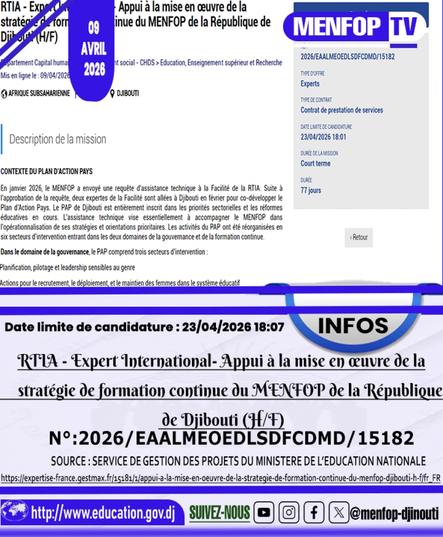 RTIA - Expert International- Appui à la mise en œuvre de la stratégie de formation continue du MENFOP de la République de Djibouti (H/F)